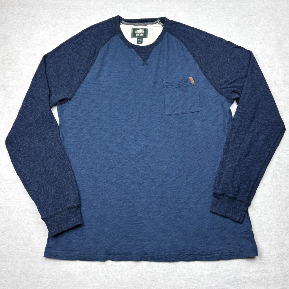 Roots Canada Raglan Long Sleeve Shirt Mens XL Blue Slub Cotton Pocket T Shirt